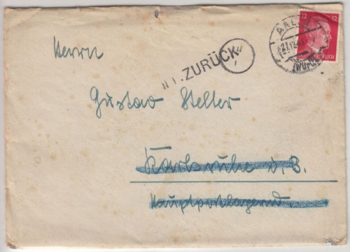 DR - 12 Pfg. AH, Brief/Hauptpostlagernd Aalen - Karlsruhe 1943 Retourvermerk