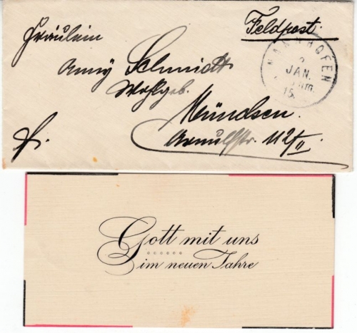 DR - Feldpostbriefchen Nannhofen - München 1915, patriotischer Neujahrsgruss