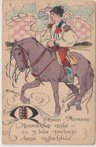 Tschechien - Moravo-Moravo...farb. Künstlerkarte Reiter mit Pferd, geschr. 1919