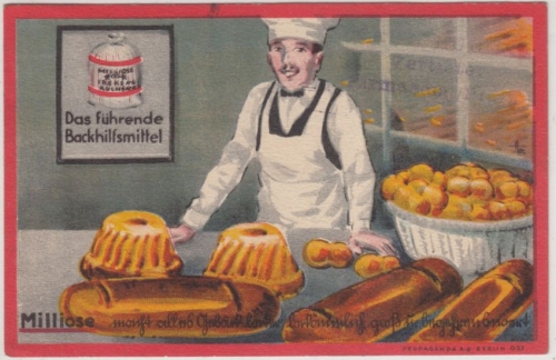 Werbung - Backhilfsmittel Milliose, farb. Künstlerkarte gelaufen Pirmasens 1928