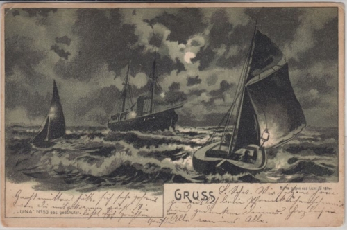 Segelschiffe im Sturm, Halt gegen das Licht-Karte Luna Nr.53, gelaufen 1904