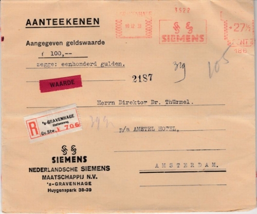 Niederlande - 27 1/2 C. AFS Siemens, Wertbrief s'Gravenhage - Amsterdam 1938