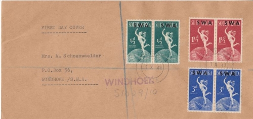 Südwestafrika - 75 J. UPU waagr. Paare Orts-Einschreibebrief/FDC Windhoek 1949