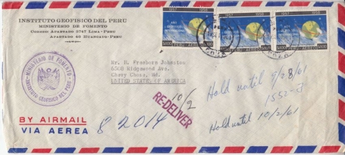 Peru - 3x1 S. Int. Geophysikalisches Jahr, Lupo-Brief Lima - Chevy Cose 1961
