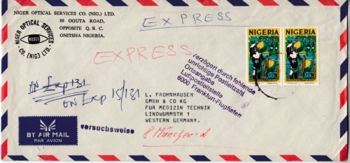 Nigeria - 2x30 k Fishing Festival, Lupo-Expressbrief Onitsha - München 1978