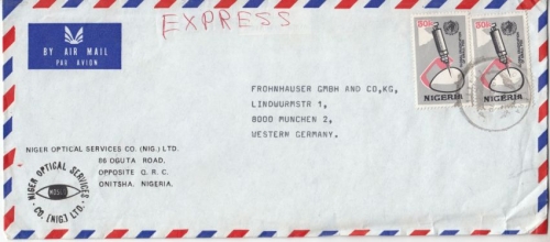 Nigeria - 2x30 k Pocken Pox, Luftpost-Expressbrief Onitsha - München 1978