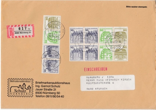 BRD - Burgen&Schlösser, H-Blatt 29 u.a., Einschreibebrief München - Kronach 1982