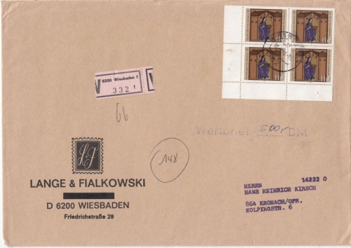 BRD - 110 Pfg. H.v. Bingen 4er-Block Wertbrief (3,Gew.st.) Wiesbaden 1981 n.