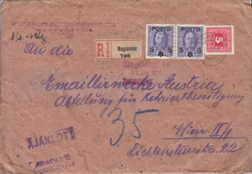 Ungarn/Österreich - Unfrankierter Einschreibebrief Magyarovar - Wien 1919