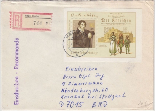 DDR - 200.Geb. Weber Freischütz 85 Pfg. Blockausgabe Einschreibebrief Halle 1986