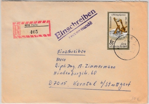 DDR - 85 Pfg. Tischsonnenuhr Einschreibebrief Halle - Korntal 1983