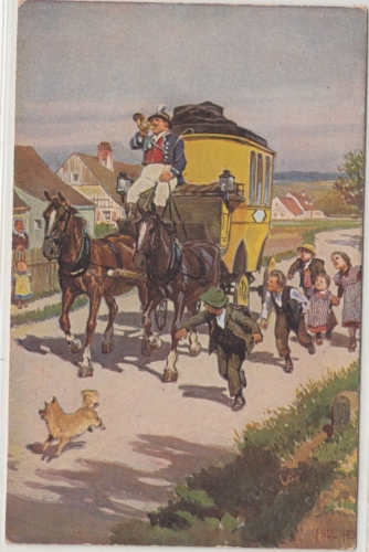 Paul Hey - farb. Volksliederkarte Nr.19 "Trara, die Post ist da" Postkutsche