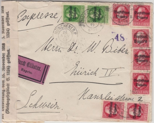 Bayern - 7x10+2x5 Pfg. Ludwig/Volksstaat, Einlbrief i.d. SCHWEIZ, München 1919
