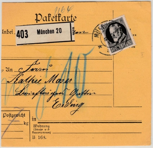 Bayern - 25 Pfg. Ludwig Friedensdr Paketkarte München 20 - Erding 1915 Nachporto