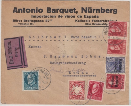 Bayern - 20 Pfg. Germania/Freistaat u.a., Eilbrief Nürnberg - Mainz 1920