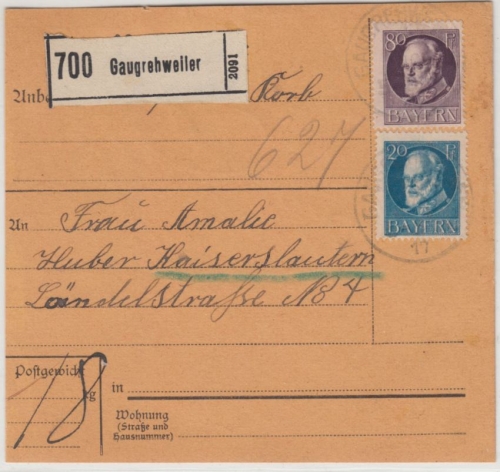 Bayern - 80+20 Pfg. Ludwig Paketkarte Gaugrehweiler - kaiserslautern 1917