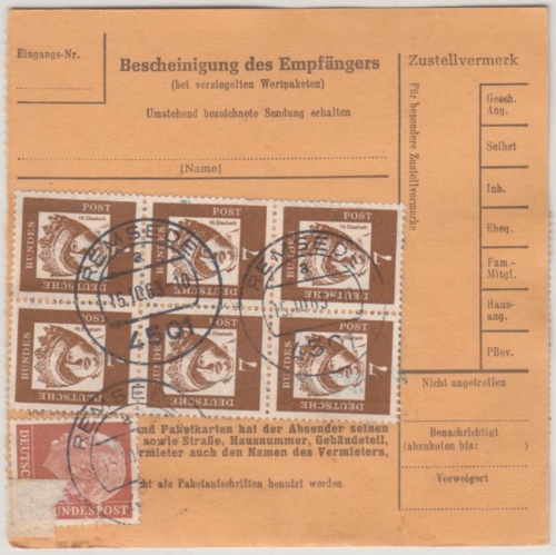 BRD - Heuss/Bed. Deutsche Mischfrankatur Paketkarte Remsede Bad Rothenfelde 1963