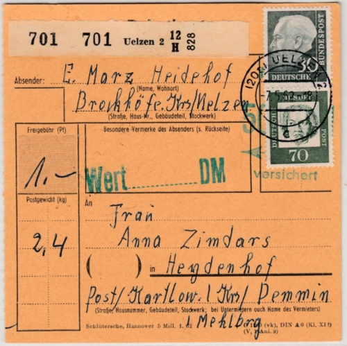 BRD - 30+70 Pfg. Heuss/Bed. Deutsche Paketkarte Brockhöfe Bhf. Ülzen - Kartlow