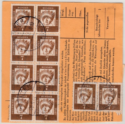 BRD - 7 Pfg. Bed. Deutsche 8er-Block u.a., Paketkarte Hilter - Osnabrück 1963