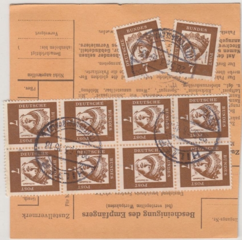 BRD - 7 Pfg. Bed. Deutsche 8er-Block u.a., Paketkarte Hilter - Bethel 1963