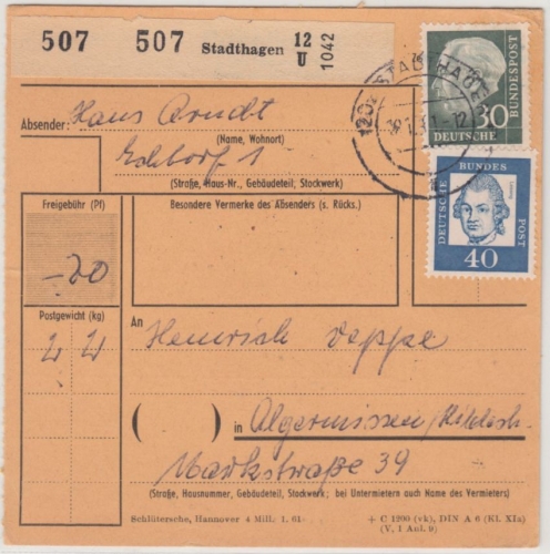 BRD - 40+30 Pfg. Bed. Deutsche/Heuss Paketkarte Stadthagen - Olgermissen 1961