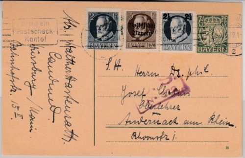Bayern - 7 1/2 Pfg. Hupp GA-Karte+Zusatz, Würzburg - Andernach 1919 US-Zensur