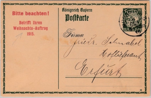 Bayern - 5 Pfg. Hupp GA-Karte priv. Zudruck Fa. Metzger München - Erfurt 1915
