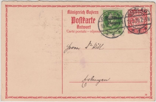 Bayern - 10 Pfg. Hupp GA-Karte/A-Teil + Zusatz Goslar - Erlangen 1920