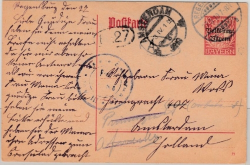 Bayern - 10 Pfg. Hupp/Volksstaat GA-Karte n. HOLLAND Regensburg 1919 n.