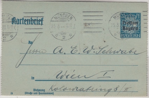 Bayern - 20 Pfg. Hupp/Freistaat GA-Kartenbrief n. ÖSTERREICH München - Wien 1920