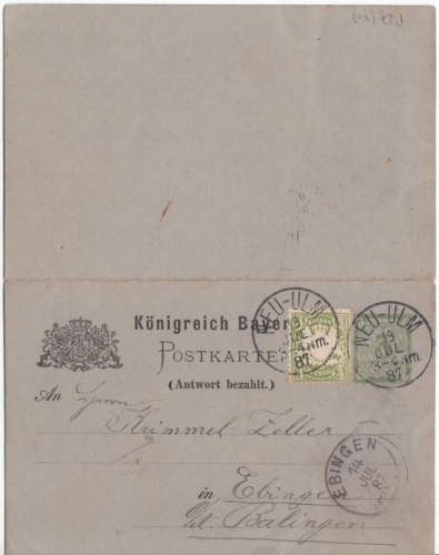 Bayern - 3/3 Pfg. Rauten Antwort-GA-Karte Neu-Ulm - Ebingen 1887