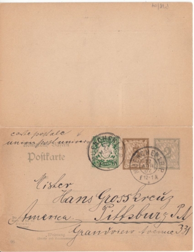 Bayern - 3n2 Pfg. Rauten Antwort-GA-Karte n. USA München - Pittsburg 1907