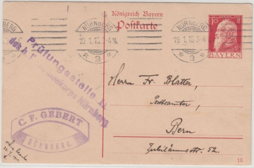Bayern - Nürnberg 1915, Zensur-L2 a. 10 Pfg. GA-Karte i.d. SCHWEIZ