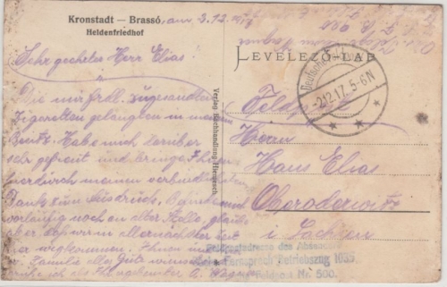 DR - Kronstadt/Brassov Heldenfriedhof, AK/Feldpostkarte 1917 n. Oberoderwitz