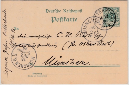 DR - Ritterhude 1896, K1 a. 5 Pfg. GA-Karte n. München