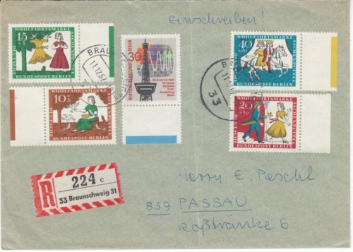 Berlin - Wofa 1965, teils Farbränder u.a., Einschreibebrief Braunschweig 1967 n.