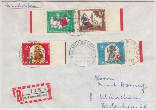 Berlin - Wofa 1967 Frau Holle, Satz/Farbrand Einschreibebrief Wermelskirchen n.