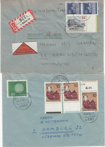 Berlin - Farbränder Randzudrucke, 7 Belege 60/70er-Jahre