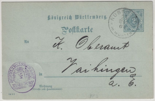 Württemberg - 2 Pfg. Dienst-GA-Karte Oberamtsverkehr Nussdorf - Vaihingen 1904