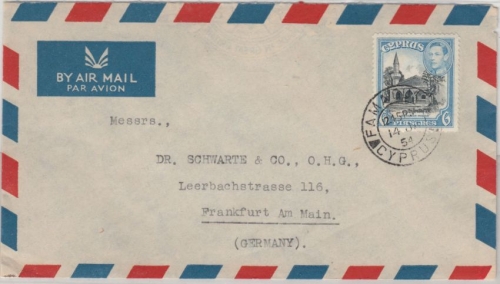 Zypern - 6 Pia. Moschee, Luftpostbrief Famagusta - FFM 1954