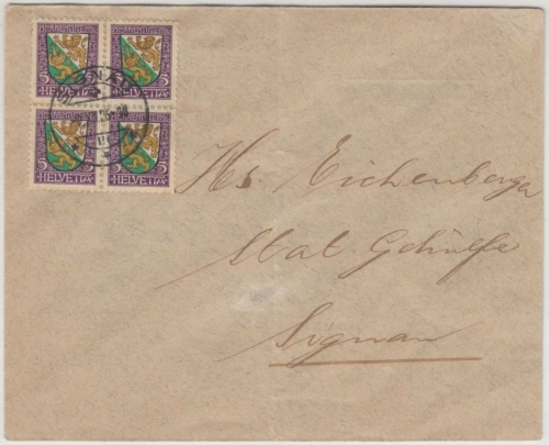 Schweiz - 5 Rp. Pro Juventute 1926, Viererblock Ortsbrief Signau 1926