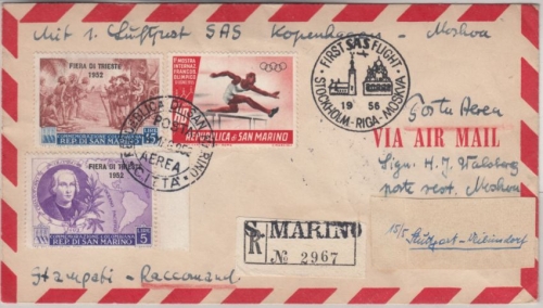 San Marino - Zuleitung SAS Erstflug Firstflight Stockholm-Riga-Moskau 1956