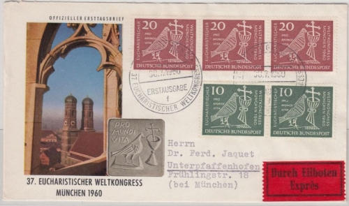 BRD - 2x10+3x20 Pfg. Euch. Weltkongress, Eilbrief/Schmuck-FDC München 1960 n.