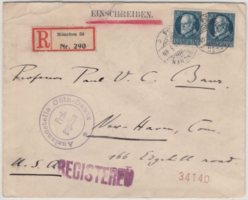 Bayern - 2x20 Pfg. Ludwig, Einschreibebrief n. USA, München 34 - New Haven 1915