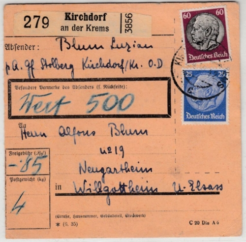 DR/Ostmark - 60+25 Pfg. Hindenburg, Wertpaketkarte Kirchdorf a.d. Krems 1942 n.
