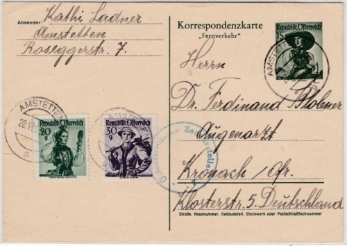 Österreich - 1 S. Trachten GA-Karte+Zusatz, Amstetten - Kronach 1953