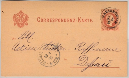 Österreich/Böhmen - 2Kr. Franz-J. GA-Karte/Zudruck Bohemia-Gruben Mariaschein