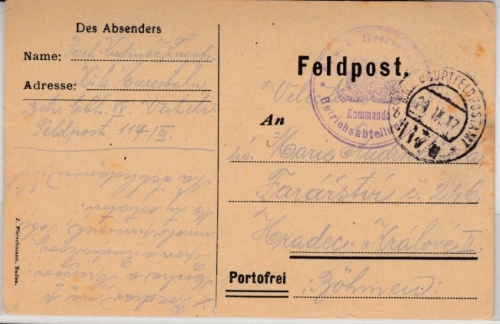 Österreich - FpA 117/III, Feldpostkarte Heeresbahn Betriebsabt. n. Hradec 1917