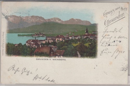 Österreich/Oberösterreich - Gmunden farb. Gruss aus-Karte gelaufen 1899
