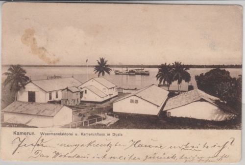 Kamerun - Woermannfaktorei u. Kamerunfluss, sw-AK gelaufen Duala 1909